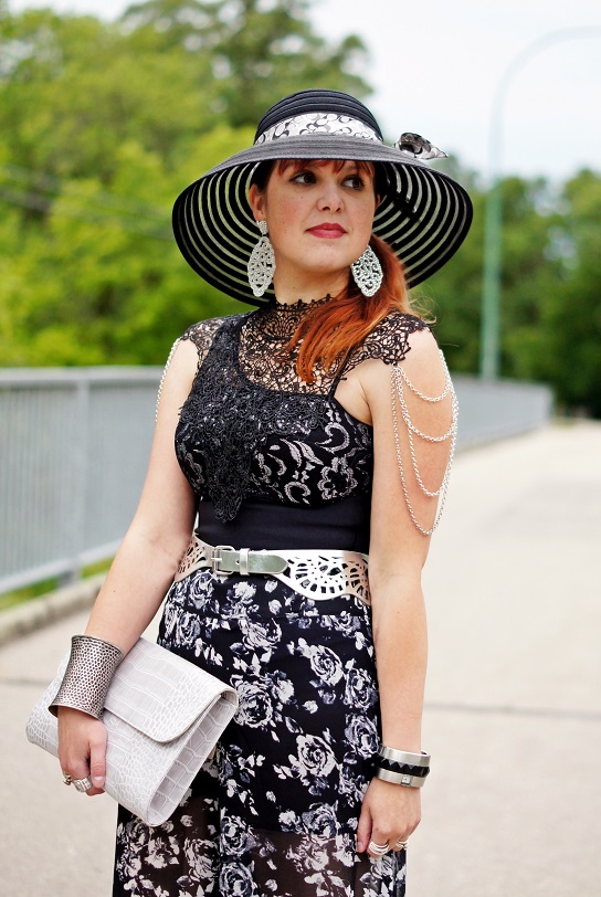Winnipeg Fashion Blog, Canadian Fashion blog, Vedette Shapewear Marian spanish lace bodysuit, Etsy black lace chain collar necklace, BCBG Max Azria silver scalloped cutout waist belt, Forever 21 wide leg floral black white sheer pants, Bianca Nygard black striped sun hat, Coach black grey white c logo silk ponytail scarf, Le chateau white crystal statement earrings, Diesel black silver cuff watch, Icing silver wide cuff bracelet, Danier leather grey clutch purse, The Shopping Channel Diamonelle crystal silver ring, Fluevog black white Mini Pipsqueak peeptoe sandals